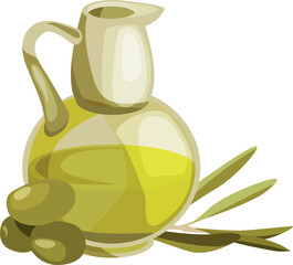 Olive oil jug glass. Fresh virgin product cartoon icon
