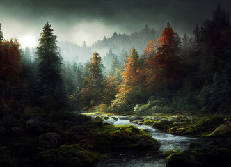 Fototapeta na wymiar Misty forest in autumn, beautiful nature scenery, green trees and meandering rivers, The scene of beautiful forest in the fall, foggy magical natural environment.