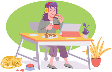 Young Girl Sitting on Desk Putting Ear phone Working with her Tablet and Enjoying Cup of Coffee and Cookies Modern Flat Illustration Concept