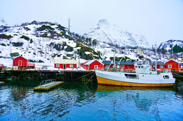 View of Nusfjord village in Lofoten Islands, Norway in winter.