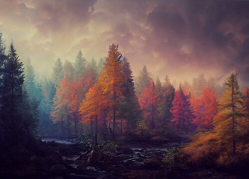 Misty forest in autumn, beautiful nature scenery, green trees and meandering rivers, The scene of beautiful forest in the fall, foggy magical natural environment.