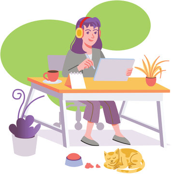 Young Girl Sitting on Desk Putting Ear phone Working with her Tablet and Enjoying Cup of Coffee Modern Flat Illustration Concept