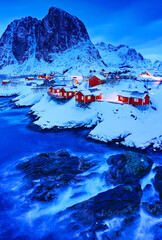 View of Hamnoy village in Lofoten Islands, Norway at night in winter.