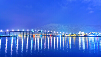 View of Tromso, Norway at night in winter.