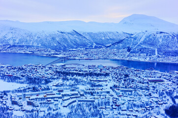 View of Tromso, Norway at daybreak in winter.
