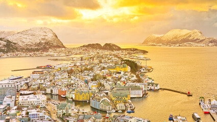 View of Alesund, Norway at sunset in winter.