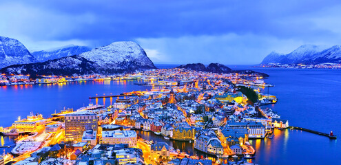 View of Alesund, Norway at night in winter. - 537583278