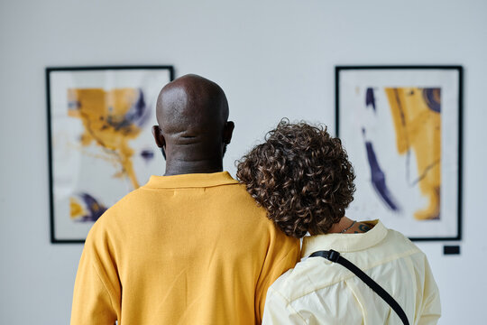 Rear view of multiethnic young couple embracing and enjoying art together at gallery