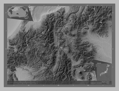 Nagano, Japan. Grayscale. Labelled points of cities