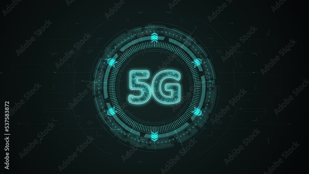 Poster motion graphic of blue digital 5g logo with rotation hud circle technology interface and futuristic 