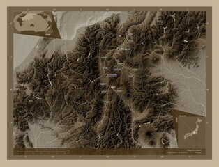 Nagano, Japan. Sepia. Labelled points of cities