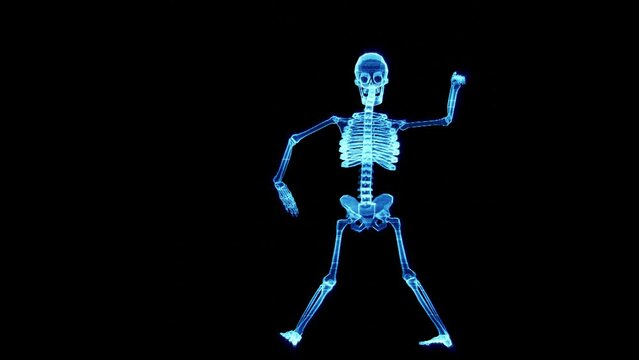 Holographic glowing skeleton dancing. 3d looped animation.