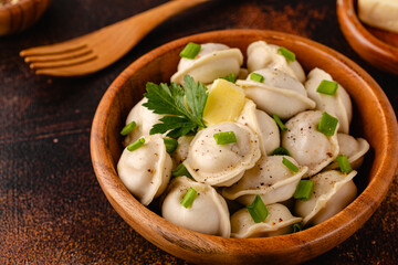 Homemade meat dumplings - russian pelmeni.