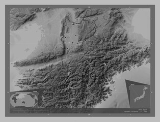 Nara, Japan. Grayscale. Labelled points of cities