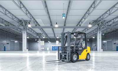 empty warehouse and yellow forklift.