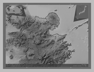 Oita, Japan. Grayscale. Labelled points of cities