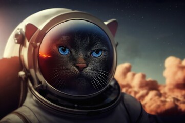 Sad Astronaut cat lost in a space. Wearing space suit and takes a selfie against the backdrop of the nebula.The first cat in vacuum. Development of Space Tourism.illustration