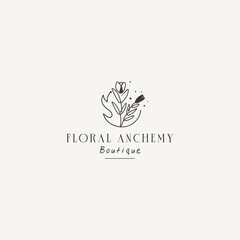 abstract hand drawn decorative vintage horizontal flower logo with stars. icon, vector illustration in trendy line linear art style. Branding. Floral Boutique, Fashion, Feminine, Art, Spiritual