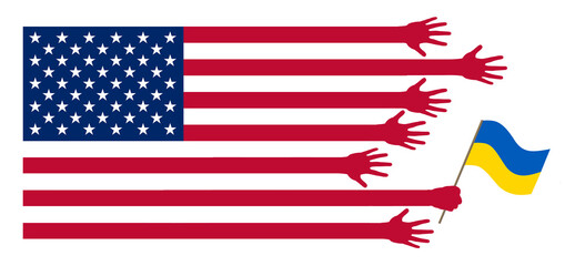 A helping hand is extended toward Ukraine and another holds the flag of Ukraine. The arms are stripes on the USA flag. This is a 3-d illustration.