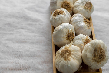 Close-up, white garlic on square wooden container, on white background.