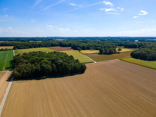 Aerial View of landscape with agricultural fields. Drone shot. harvested fields