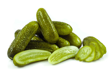 Pickled gherkins, marinated cucumbers isolated on white background