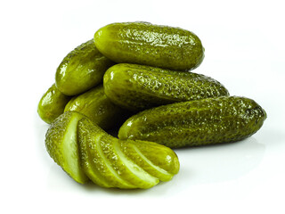 Pickled gherkins, marinated cucumbers isolated on white background