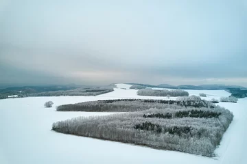 Fototapeten Aerial view of German mixed forest in winter. Trees and plants in snow. Foggy sky for copy space. © Jan