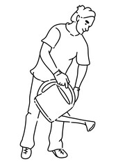 line doodle drawing - A gardener is holding a lotus bucket to water the flowers.