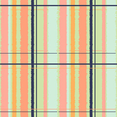 Checkered fabric vector pattern. Plaid, stripes texture, ornament. Pink, orange, green colors. Simple textile design. Wallpaper, wrapping paper.