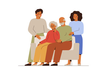 Senior parents and their adult children have come together. Two generations: father, mother and their son with his wife hold hands and embrace. Concept of family support and care. Vector illustration - 537586876