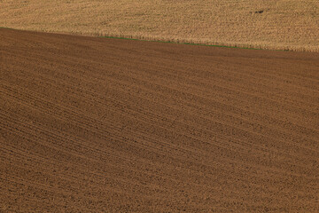 Fototapeta na wymiar Cultivated fields in Czech Moravia, patterns and lines on the ground. Czech Tuscany