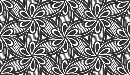 Abstract geometric floral line texture. Flower black lace seamless pattern. Vintage fashion fabric ornament, carpet, wallpaper, packaging wrapping paper print. Monochrome hexagonal repeat tile design