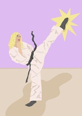 Woman high kicking in karate uniform