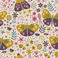 Vector floral seamless pattern with butterflies. Wild flowers on beige background. Beautiful summer floral repeat background. Floral print design for textiles, wrapping paper, gift paper, fabric.