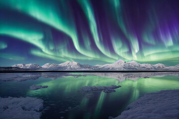 Fototapeta na wymiar aurora borealis reflection oversea snowy mountains