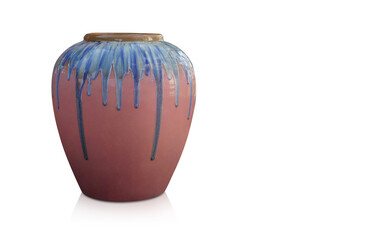 antique big blue and pink ceramic jar on white background, vintage, object, retro, ancient, fashion, copy space