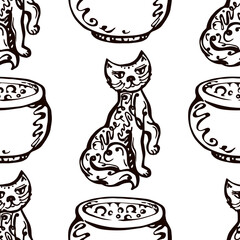 Halloween seamless pattern with hand drawn cats and pots. Suitable for packaging, wrappers, fabric design. PNG illustration