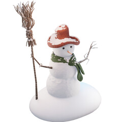 Happy snowman standing isolated on white background. Merry christmas and happy new year greeting card. Funny snowman in hat on snowy background. Copy space for text