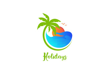 Illustration Vector graphic of Abstract Sea and Sun Combination with Circular Coconut Tree fit for Creative Holidays Logo Design etc.