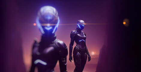 Fototapeta na wymiar Sci-fi robotic girls. Gynoid working in futuristic environment. Female robot in virtual space 3d render.