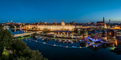 Marina in Wroclaw, Poland at night aerial panorama.