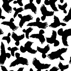 Black and white flying cockatoo seamless pattern