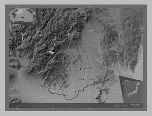 Tochigi, Japan. Grayscale. Labelled points of cities