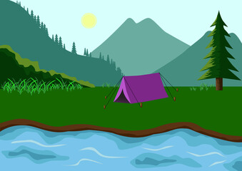 illustration of campsite scenery in highlands with river and mountains