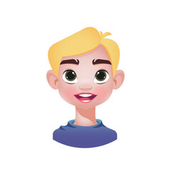The head of a boy with blond hair and green eyes. Cute kids avatar, portrait of male kids on white background, vector cartoon