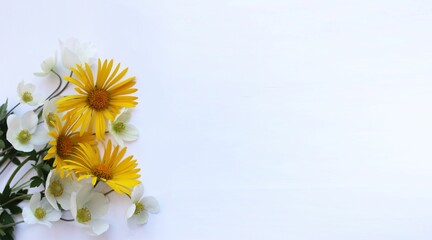 Delicate festive bouquet with white and yellow flowers on a white background. Pastel shades. Background for for a greeting card.