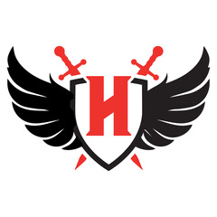 wing Letter H with sheild swords concept