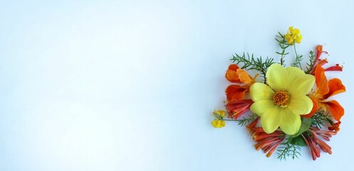 Summer bouquet with yellow dahlias on a white background. A bright festive composition. Background for a greeting card.