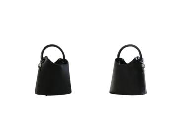 Beautiful black leather female fashion bag with transparent background, front view